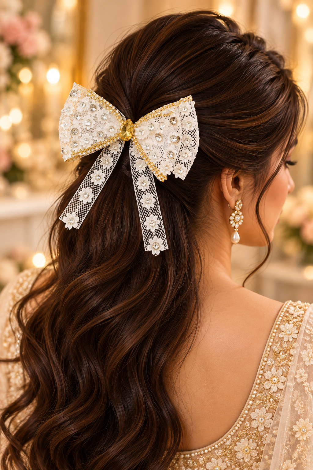 White gold lace floral bridal bow hair clip product card