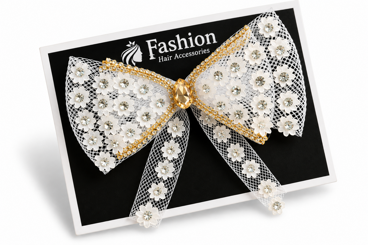White gold lace floral bridal bow hair clip styled in hair